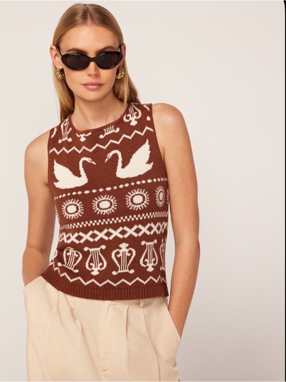 Kitri Brown & Cream Hailey Swan Fairisle Knit Sweater Vest